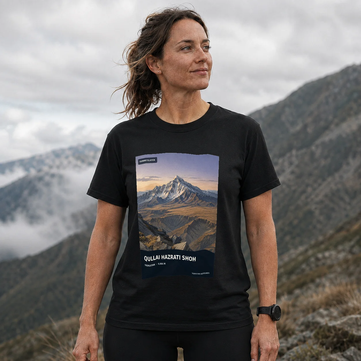 Black Qullai Hazrati Shoh T-shirt front with mountain artwork