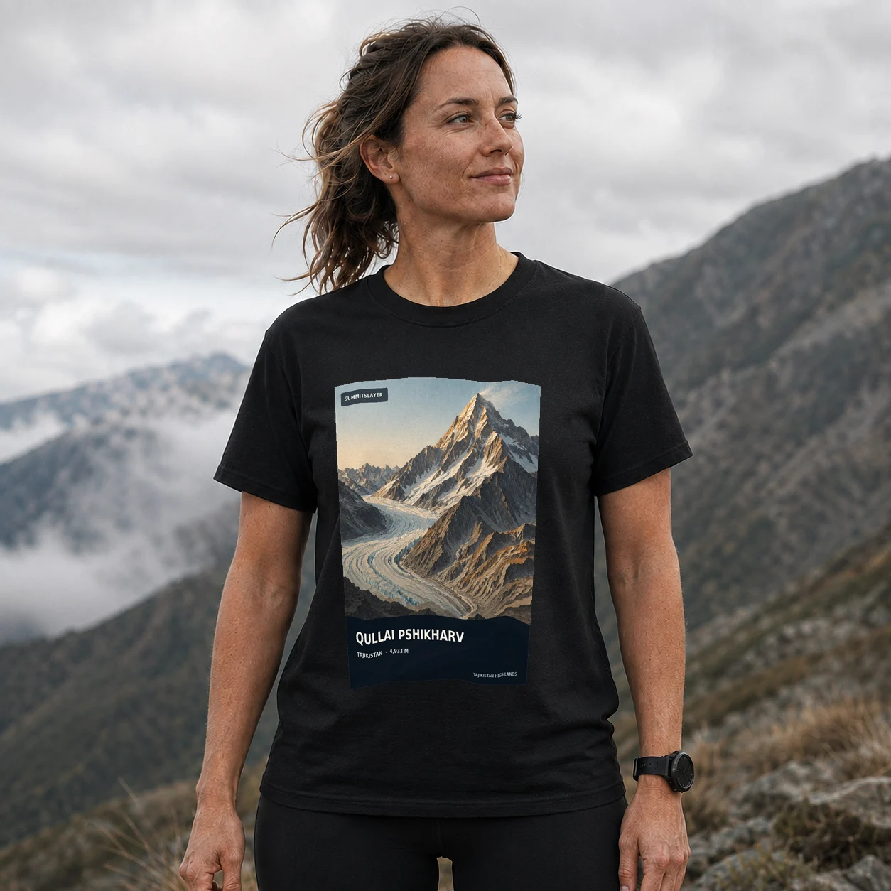 Black Qullai Pshikharv T-shirt front with mountain artwork