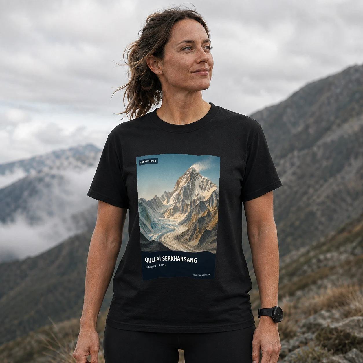 Black Qullai Serkharsang T-shirt front with mountain artwork